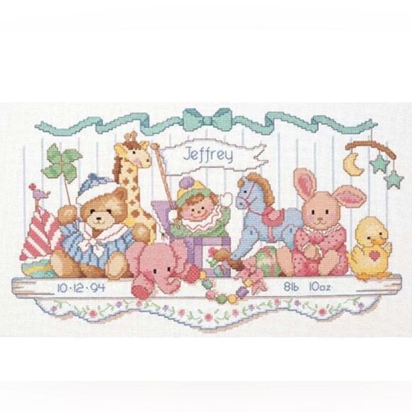 Toy Shelf baby Birth Record - Counted Cross Stitch Kit 16"X9" 14 Dimensions NEW - Picture 1 of 3